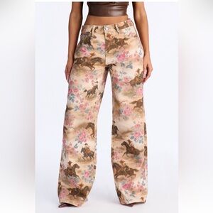 Fashion Nova Rides and Roses printed jeans - Brown and Pink